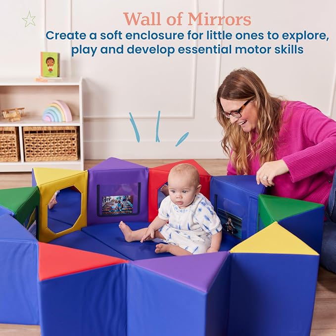 ECR4Kids SoftZone Wall of Mirrors Activity Center and Play Mat, Sensory Toy, Assorted, 3-Piece