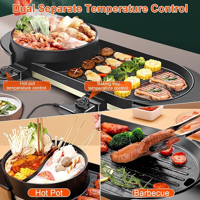 Hot Pot with Grill, 2 in 1 Korean BBQ Grill Shabu Shabu Hot Pot, 2200W Indoor Smokeless Hotpot Pot Combo Electric W/Large Baking Tray, Divider & Separate Dual Temperature Control for 2-12 People, 110V