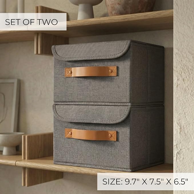 Decorative Linen Storage Boxes with Lids - Spacious Set of 2 Organizer Bins | The Perfect Small Container for Home Decor - Safely Store Photos, Documents and Memory Box Keepsakes in Style