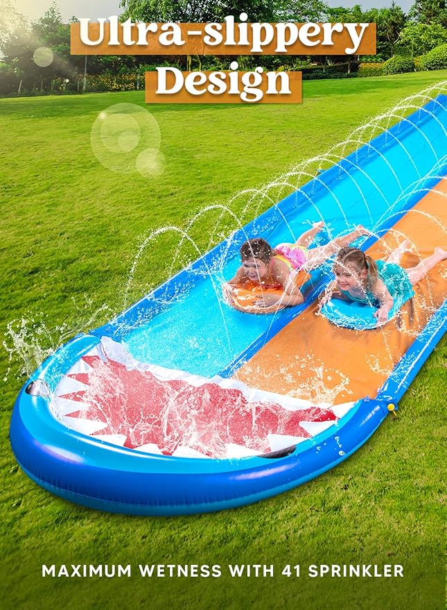 Sloosh Shark Double Water Slide, 22.5ft Heavy Duty Lawn Water Slip with Sprinkler Slide and 2 Slip Inflatable Boards for Party Summer Yard Lawn Outdoor Play Activities