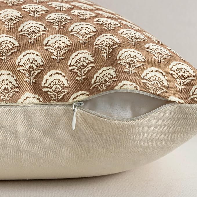 MIULEE Floral Print Decorative Pillow Covers 18x18, Cognac | Vintage Boho Farmhouse Modern Home Decor, Set of 2, Block Print Cushion Covers for Couch Sofa Bed Living Room