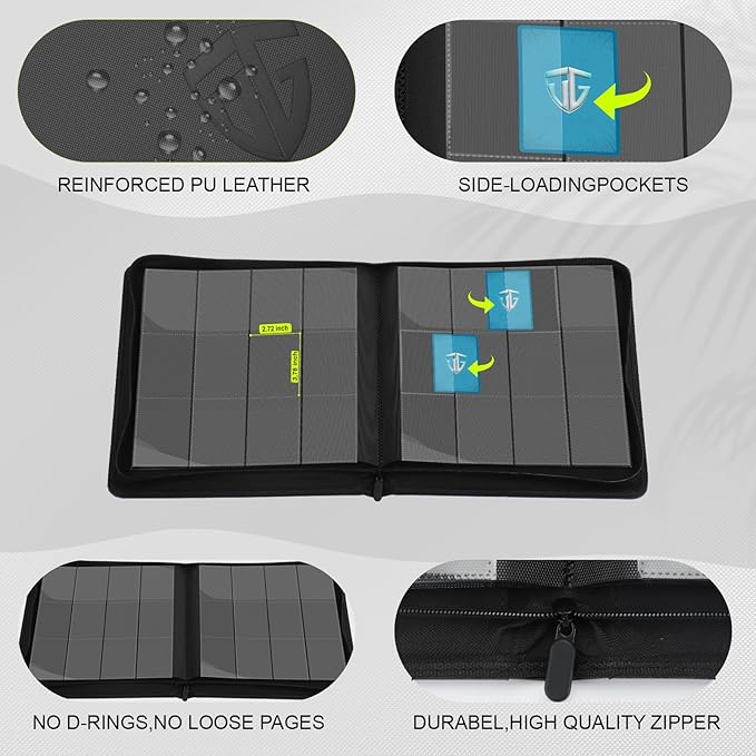 12 Pockets Trading Card Zipper Binder for 720 Cards| Secure Side Loading Pockets | Trading Card Album Folder | Compatible with YuGiOh, MTG(Black 12)