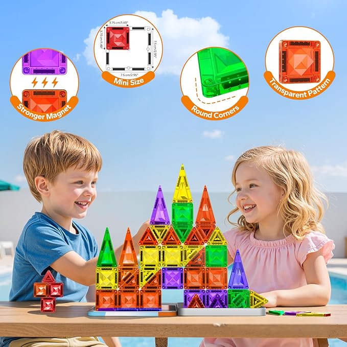 Mini Magnetic Tiles for Kids Ages 4-8, 45PCS Diamond Pattern Magnetic Tiles Travel Set with Case, Portable Building Toys Creativity Boosting Sensory Toys for Toddler Boys Girls Halloween Birthday Gift