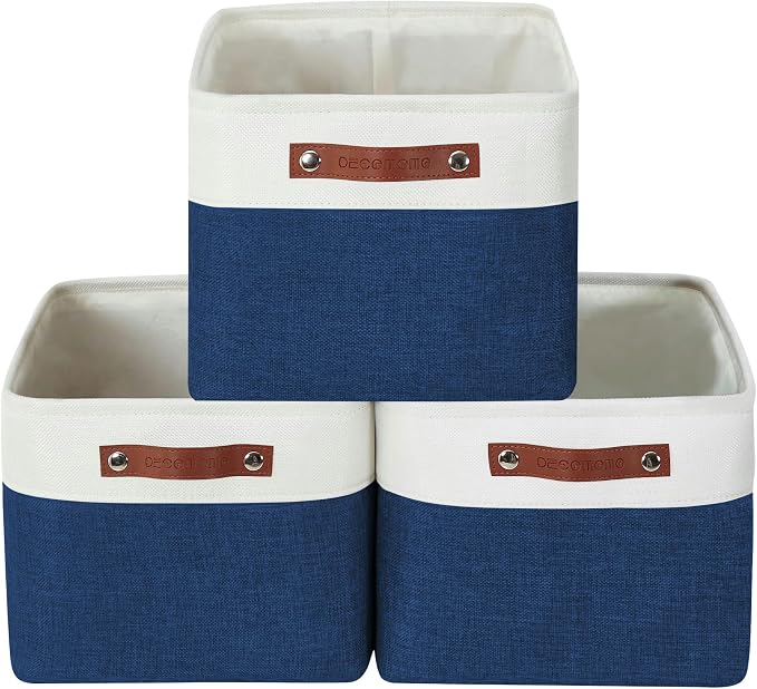 DECOMOMO Storage Bins, Extra Large Fabric Storage Baskets for Shelves 3Pack | 15.8 x 12.5 x 10 inches Decorative Linen Closet Organizers (Navy Blue & White)