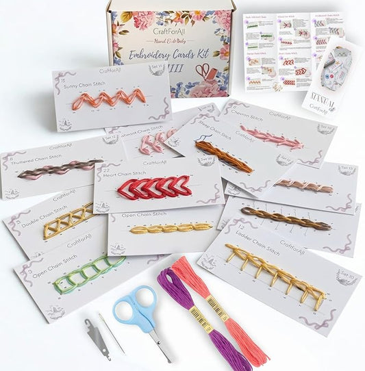 12 Perforated Beginner Embroidery Stitch Cards DIY Kit, Easy to Learn Patterns from Videos and Illustrated Step by Step Instructions, Needlepoint Kits for Adults Include Tools, Threads, Handmade Gifts