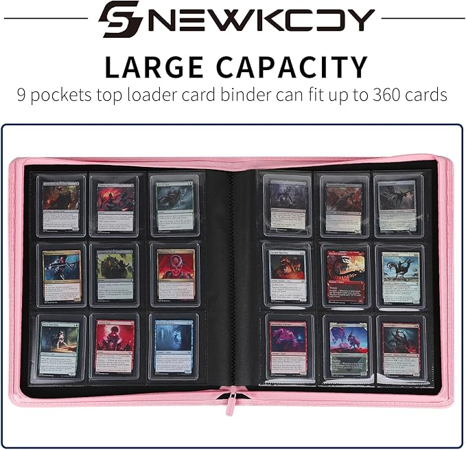Snekdy Top loader Binder, 9 Pockets Top Loader，Holds 360 Top Loaders cards, Card binder with Sleeves for card in 3 x 4 inches color smooth Zipper PU Leather (Pink)