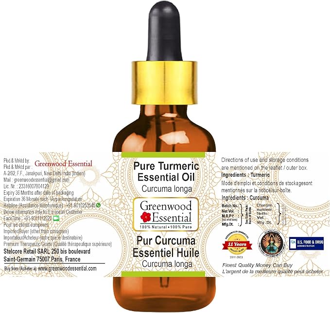 Greenwood Essential Turmeric Essential Oil (Curcuma Longa) with Glass Dropper Steam Distilled (Pack of Two) 100ml X 2 (6.76 oz)