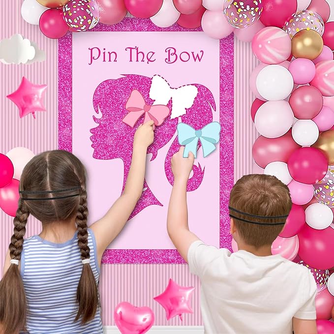 Pink Girl Party Supplies Decorations, Cute Girl Princess Pin The Bow on The Head Party Game, Large Poster with 24Pcs Bow Stickers Favors for Kids’ Birthday Party