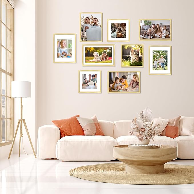 12x12 Picture Frame Gold Set of 2, Photo Frame with HD Plexiglass, Display Pictures 8x8 with Mat or 11x17 Without Mat, Gold Picture Frames Collage Wall Decor, Gallary Wall Frame