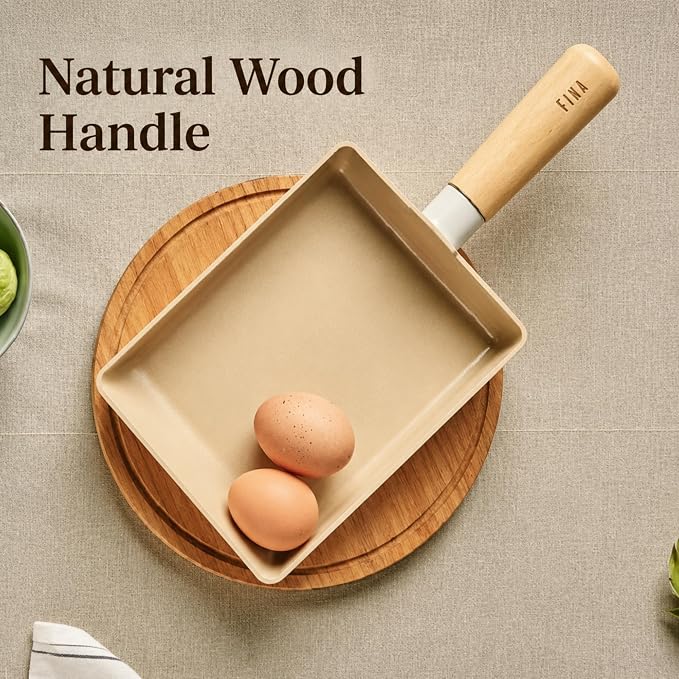 FIKA 6-Inch Nonstick Tamagoyaki Egg Pan, Japanese Omelette Pan for Rolled Eggs, Rectangular Frying Pan with Wooden Handle, Induction Compatible, Made in Korea (15cm)