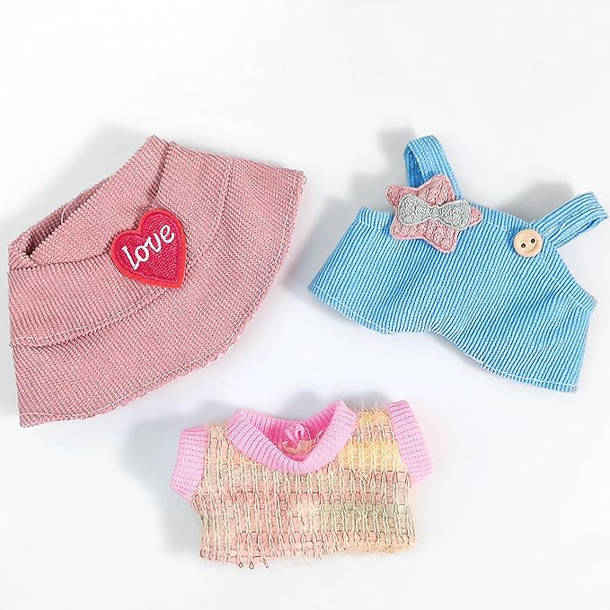 Clothes for 17cm Dolls, Overalls Outfit Set with Accessories, Cute Plush Doll Bucket Hat with Love Heart Design (NO Doll) Blue