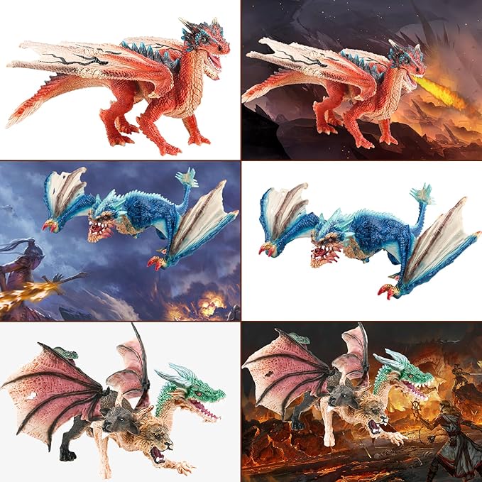 Mostop Dragon Toy Figures, 9’’ Realistic Battle Dragon Toys, 3 PCS Ancient Flying Dragon Figurines Plastic Fire Creature Dragon Models Decoration,Dragon Action Figure Kids Toys for Boys Girls Age 3+