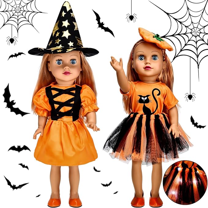 2 Sets Halloween Doll Clothes 18 Inches Girl Doll Halloween Dresses Outfits Shoes Set with Cat and Witch Pattern Costume Tutu Dress Accessories Fits for Most 18 Inches Girl Dolls