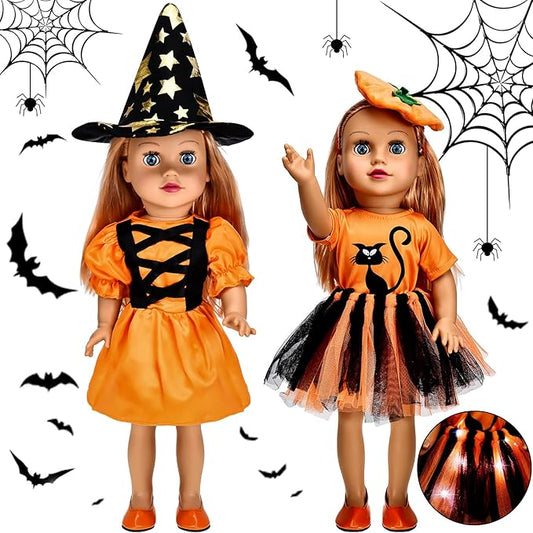 2 Sets Halloween Doll Clothes 18 Inches Girl Doll Halloween Dresses Outfits Shoes Set with Cat and Witch Pattern Costume Tutu Dress Accessories Fits for Most 18 Inches Girl Dolls