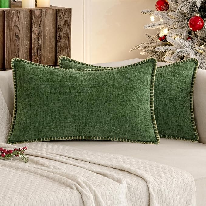 MIULEE Decorative Lumbar Throw Pillow Covers 12x20 Inch Forest Green 2 Pack | Farmhouse Pillow Covers with Stitched Edge, Soft Chenille Cushion Cases, for Couch Sofa Bed Living Room Home Decor,Moss Green