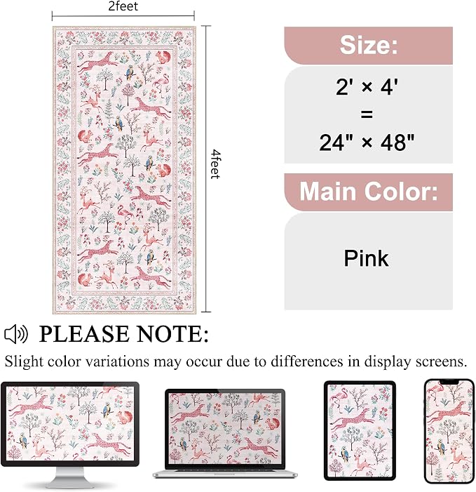 DUKINO 2x4 Rug for Entryway, Animal Washable Runner Rug for Kitchen, Pink | Non Slip, Low Pile, Stain Resistant Thin Indoor Carpet for Hallway, Bedroom, Bathroom, Laundry, Pet Friendly, Non-Shedding