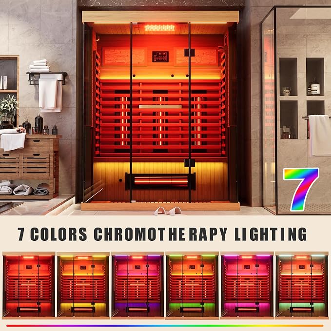 MEISSALIVVE Full Spectrum Infrared Sauna，2-3 Person Home Sauna，Wooden Canadian Hemlock Indoor Spa Sauna with Resonance Speaker, Panoramic Tempered Glass Door