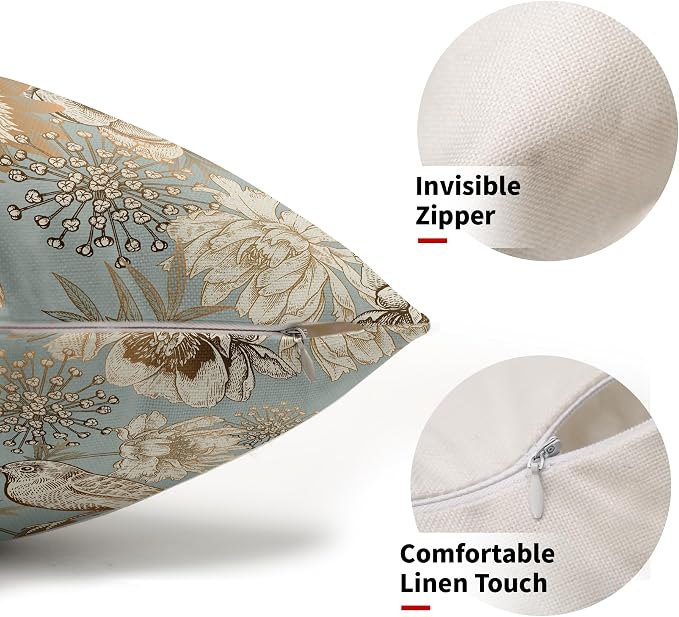 Vintage Floral Lumbar Pillow Covers 12X20 Inch Set of 2 Rose Gold Flowers Bird Butterfly Decorative Pillow Cases Blue Brown Cotton Linen Cushion Case Farmhouse Home Decor For Sofa Couch Living Room