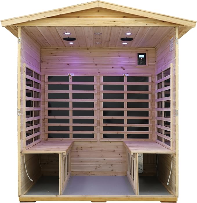 LTCCDSS Low EMF Outdoor Far Infrared Sauna 4-Person, Hemlock Wood Sauna for Home- Bluetooth Speakers, LED Reading Lamps, Chromotherapy Lights, 68.1 * 52.4 * 82.7 in