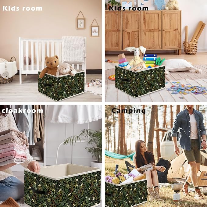 Dark Green Floral Botanical Storage Bin Box with Handles, Rustic Cottagecore Flower Fern Plant Foldable Organizer Basket Toybox for Home Bedroom Bathroom Clothes Toys Books