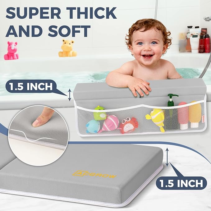 Bath Kneeler and Elbow Rest Pad Set - Comfortable 1.5” Thick Baby Bath Kneeler Pads with Toys Organizer, Non-Slip Knee Arm Support Bathtub Mat, Quick-Drying Kneeling Pad for Baby Bath Time