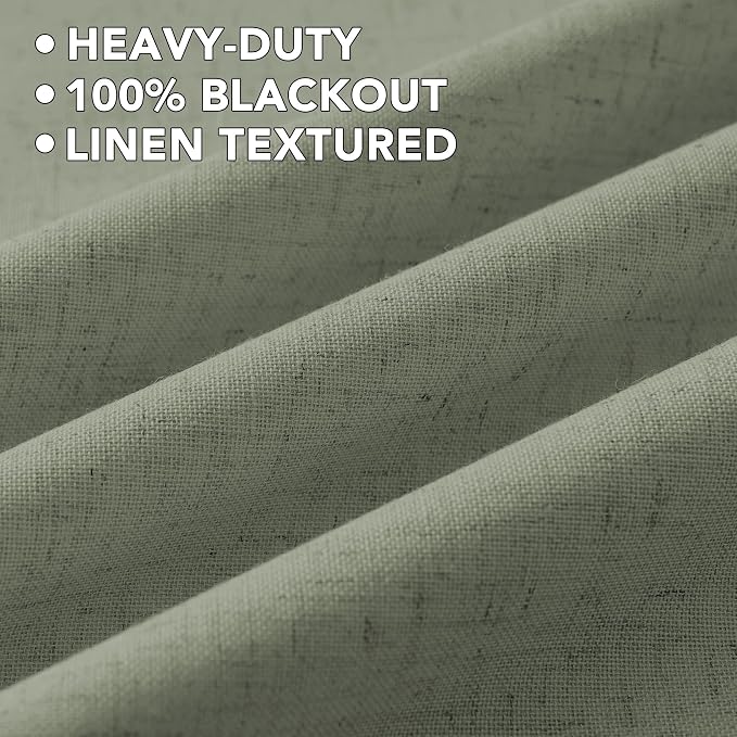 H.VERSAILTEX Linen Curtains 100% Blackout Curtains for Bedroom 90 inch Long Full Light Blocking Nature Linen Blended Window Curtains for Living Room Nickel Grommet (2 Panels, Heathered Dried Sage)