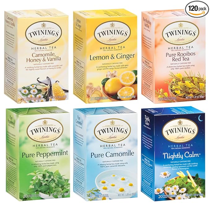 Twinings Herbal Tea Bags Variety 6-Pack – Naturally Caffeine-Free Teas, Peppermint, Red Rooibos, Lemon & Ginger & Camomile Varieties, 20 Count Each