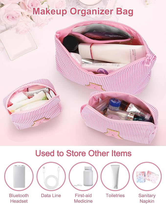 MONSTINA Personalized Initial Makeup Case for Women,Make Up Case for Girlfriend Bridesmaid Wife,Birthday Gift for Her Cute Toiletry Bag,3PCS,Pink L