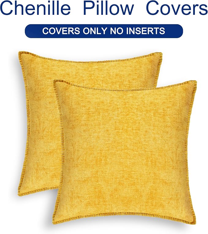 CaliTime Decorative Throw Pillow Covers 16 X 16 Inches Mustard Yellow | Pack of 2, Cozy Chenille Cushion Cases, Cotton Thread Stitching Edges, for Couch Sofa Bed Living Room Farmhouse