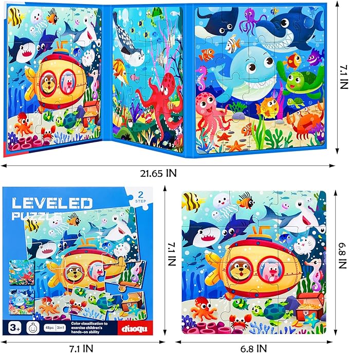 Magnetic Puzzles for Kids Ages 3-5, 3 in 1 Ocean World Toddlers Magnet Jigsaw Puzzle Book, Kids Travel Puzzles Toys, Preschool Learning Toy for Kids 3-8 Year (Ocean World)