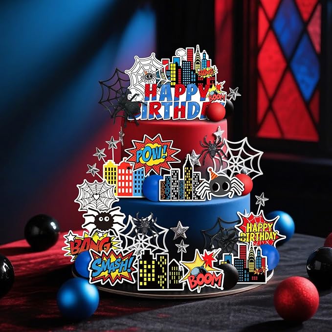 41 PCS Superhero Cake Topper - Happy Birthday Decorations for Hero Themed Party Supplies - City Cake Decor (red)