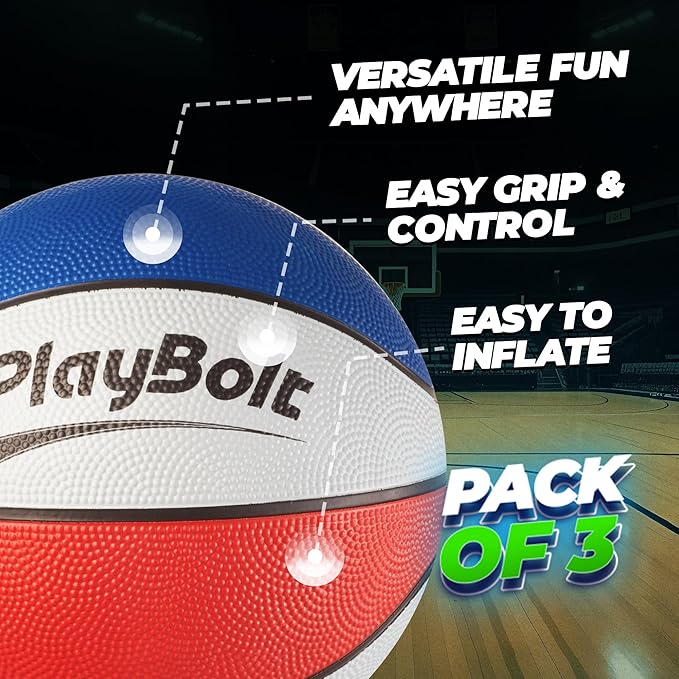 PlayBolt Size 3 Mini Basketballs (3 Pack) - 7-Inch Junior Rubber Basketball Set - Youth Beginner Kids Basketballs for Backyard Pool Parties, Arcade Games, Practice