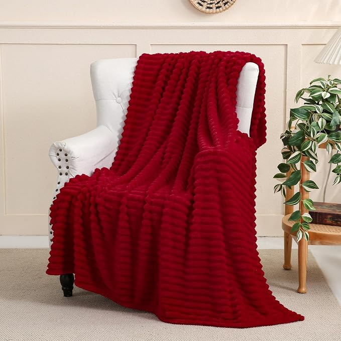 Red Fleece Throw Blanket 90”×90” for Couch Sofa Livingroom | Super Soft Cozy Plush Microfiber Flannel Bed Blanket Striped Design Lightweight Home Decor Gifts for Adults Mom Women