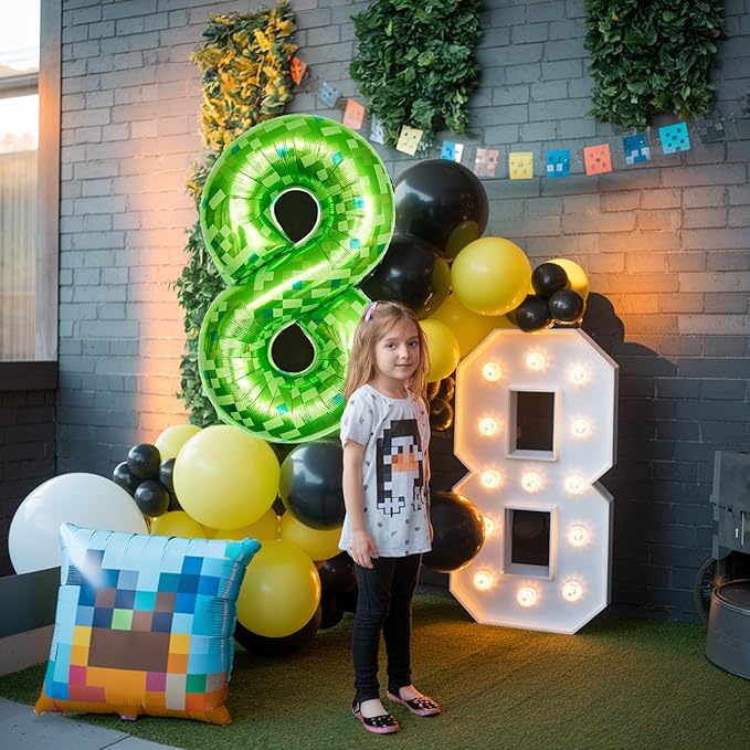 Number 8 Balloons 40 Inch, Gaint Cartoon Lime Green Pixel 8 Balloon Number for Boys 8th Birthday Decorations, Dark Kelly Green Foil 8 Balloon for Kids 8 Year Old Birthday Video Game Golf Party Decor