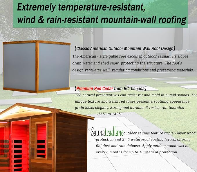 LTCCDSS Full Spectrum Ultra-Low EMF Outdoor Sauna 3-Person, Red Cedar Far Infrared Saunas for Home, Near&Mid-IR Light, EMF 0.1-3mG, Bluetooth & Chromotherapy