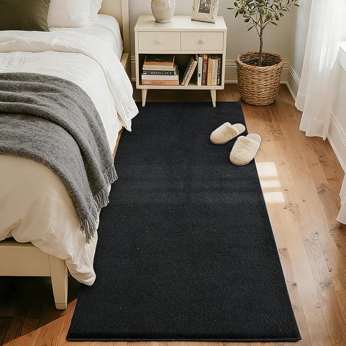 FinRèc 2x8 Washable Runner Rugs for Kitchen Hallway Bedroom, Low Pile Thin Rug Solid Color, Non-Slip Carpet Indoor for Home Decor (Pure Black)
