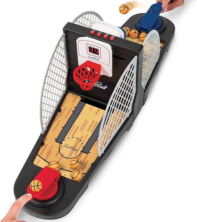 EastPoint Tabletop Movin Hoops Arcade Basketball Hoop - Black & Red 2-Player - Built-In LED Scoreboard & Basketball Gifts - Spring-Loaded Launchers for Boys Toys Age 5-10, Durable Plastic Construction