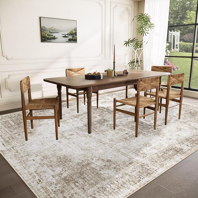 Area Rug 10x14 Washable Rug, Vintage Boho Medallion Rugs Non-Slip Soft Low Pile Large Distressed Rug Indoor Retro Carpet for Living Room Bedroom Dining Room Home Office (Taupe, 10'x14')