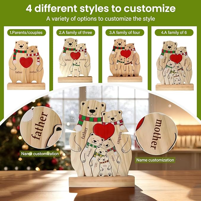 Personalized Wooden Bear Family Puzzle with 2-6 Names - Custom Bear with Scarf Art Figurine for Mom Grandma - Cute Christmas Winter Home Decor Gift for Housewarming Birthday