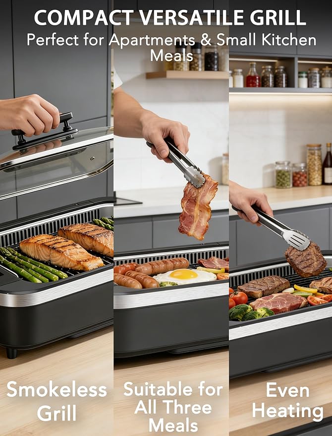 Smokeless Indoor Grill, COWSAR 1500W Electric Grill Indoor with Drip Tray & Tempered Glass Lid, Portable Non-Stick Korean BBQ Grill, 6-Level Control, 90 Min Auto Timer, Dishwasher Safe, Black