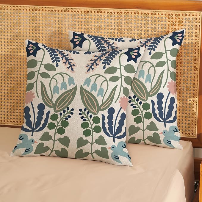 Boho Navy Blue Green Flower Pillow Covers 20x20 Inch Set of 2 Sage Green Floral Throw Pillows Vintage Flower Outdoor Pillowcase Linen Seasonal Decorations Farmhouse Cushion Case for Sofa Home