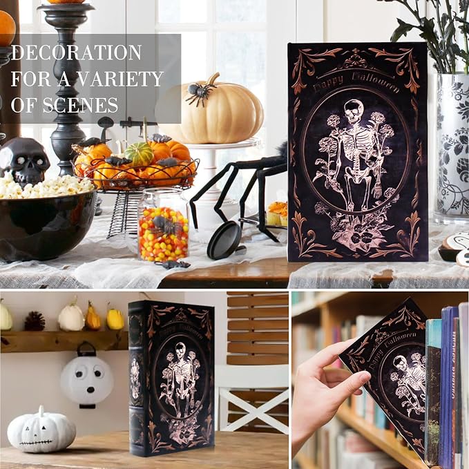 Decorative Vintage Book Shaped Trinket Storage Box | Halloween Skull Embossed Pattern,Halloween Decoration Faux Book Boxes,Gothic Style Decorated Storage Box