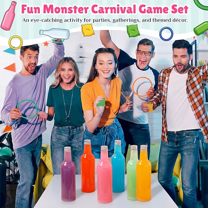 Leitee 56 Pcs Easter Ring Game Toss Happy Easter Day Plastic Bottle Labels Bean Bag Backyard with Mixed Color Rings Hoops for Adults Family Outside Sport Party