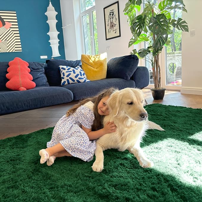 OLANLY Area Rugs for Living Room Bedroom, Machine Washable 4x5.9 ft Soft Fluffy Shaggy Bedside Rug, Indoor Floor Carpet for Kids Girls and Boys, Dorms, Nursery Rooms, Home Decor Aesthetic, Dark Green