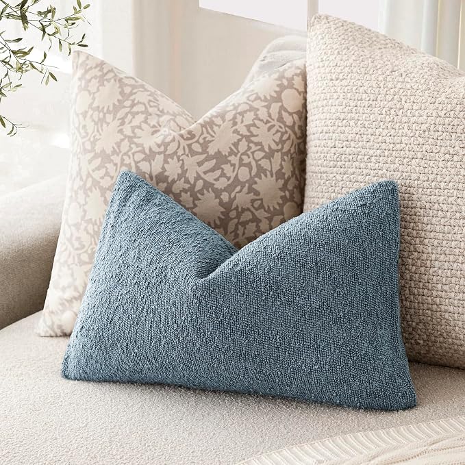 Foindtower Pack of 2 Textured Boucle Throw Pillow Covers Accent Solid Decorative Lumbar Pillow Cases Cozy Couch Cushion Case for Chair Sofa Bedroom Living Room Home Decor 12x20 Inch Misty Blue