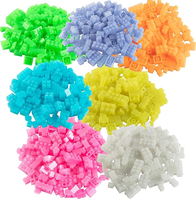 SCS Direct Building Block Bricks- Set of 1000 Pc Bulk- 7 Glow in The Dark Colors with 54 Roof Pieces - Compatible and Tight Fit with Major Brands- Great for Activity Table, School Projects