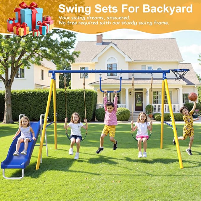 Heavy-Duty 5-in-1 Metal Swing Set for Backyard, Outdoor Playset for Kids 3-12 with Slide, 2 Swings, Basketball Hoop & Gymnastic Rings, Easy Assembly