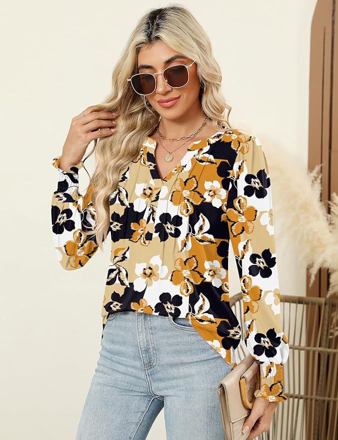 LOMON Womens Tops Dressy Casual Pleated Ruffle Long Sleeve Tunics Tops to Wear with Leggings V Neck Work Blouse