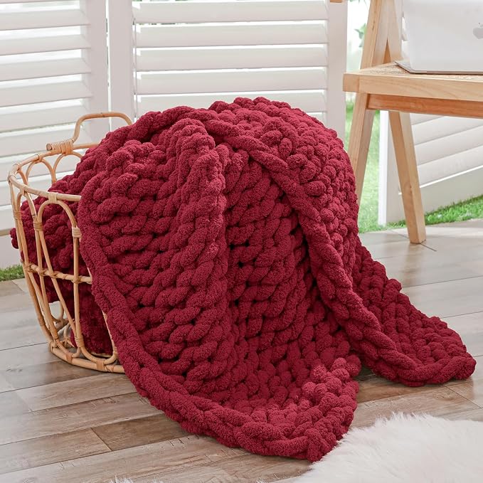 Bigacogo Chunky Knit Throw Blanket for Couch, 40x40 inches, Red | Hand Knit with Jumbo Chenille, Soft Breathable Cable Knit for Sofa Bed Living Room, Machine Washable, Gift for Mom Friend