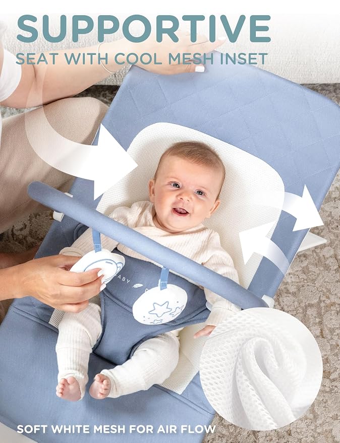 Baby Delight Alpine Deluxe Portable Baby Bouncer | Infant | 0-6 Months | 100% GOTS Certified Organic Cotton Fabric | Organic Dusty Blue
